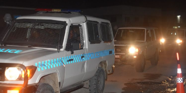 Police vehicles on patrol in the streets of Honiara during the lockdown.