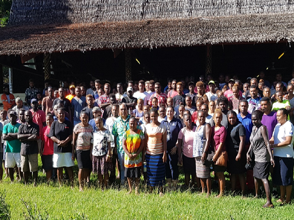 MFAET PS Mr Collin Beck and Second Secretary Christina Skoumbourdis from the Australian High Commission with some of the seasonal workers prior to leaving for Australia. File photo.