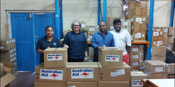 Group Photo (L-R) Zina Fefera DFAT Senior Program officer and Australia Acting High Commissioner Sally-Ann Vincent NRH CEO Dr George Malefoasi & NRH Pharmacy Director Solomon Bosa.