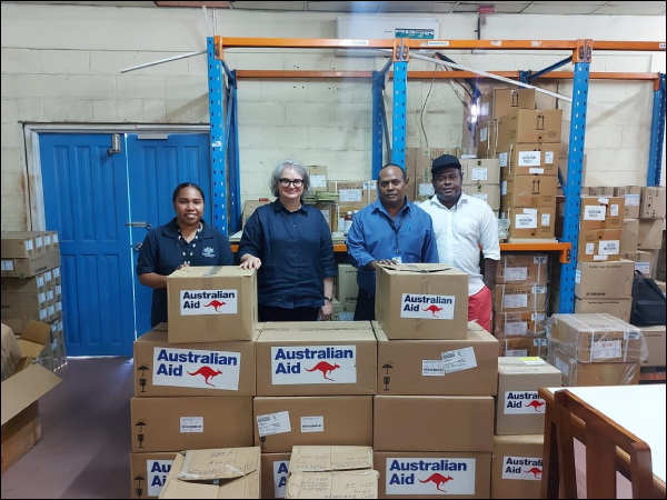 Group Photo (L-R) Zina Fefera DFAT Senior Program officer and Australia Acting High Commissioner Sally-Ann Vincent NRH CEO Dr George Malefoasi & NRH Pharmacy Director Solomon Bosa.