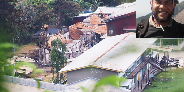 Part of Honiara High School that was burnt down. Inset, Calvin Luiramo is looking to donate thousands of Science eBooks from his library to Honiara Senior High School.