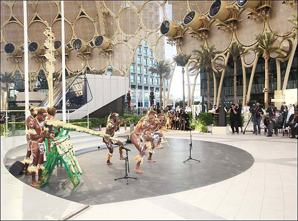 Iare panpipers from Makira province performing centre stage during the event on Tuesday. Photo, SI at Expo 2020, Dubai.