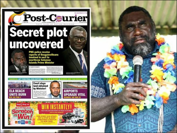 Toroama says ABG has not sanctioned any support to factions in Solomon Islands. Inset, Post Courier front page on Thursday, 30th of December, 2021. Photo supplied.