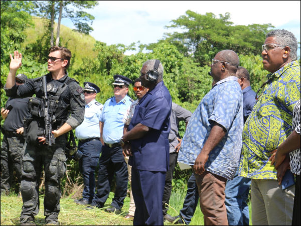 PM Sogavare and cabinet ministers witnessing a weapons demonstration conducted by the ADF and AFP of Australia.