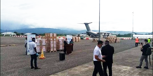 Chinese government cargo plane unloading anti-COVID-19 medicine at Henderson on Wednesday