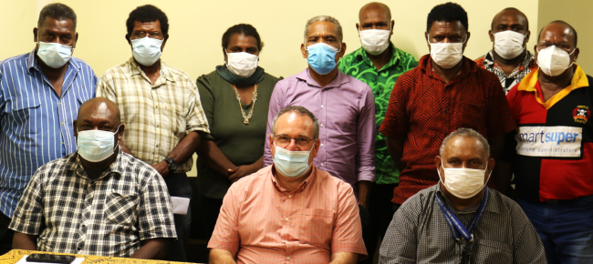 Front, sitting: Guadacanal Premier Francis Sade, Games Organising CEO, Mr.Peter Stewart and OPMC Rep Mr. Bernard Bataanisia with the Guadalcanal Provincial Executives.