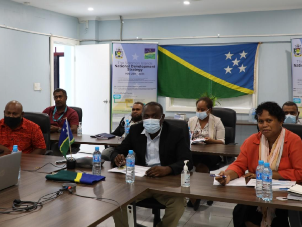 MRD management team during the virtual meeting with PAC. Front row left-right: Financial Controller, Timothy Paoka, Permanent Secretary (Acting) and Deputy Secretary Technical (DST), Hugo Hebala and Constance Wane, Deputy Secretary Corporate (DSC). From back row, far left, is Director Governance, Hickson George, Director, Rural Development Division (RDD), Milfred Delemani, Human Resource Manager (HRM), Joy Tealiklava and Director, Economic Growth Centres, Allan Lilia. – Source: MRD Media