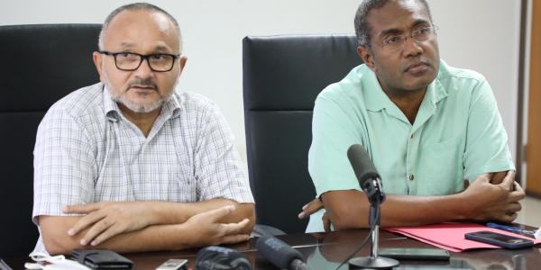 Opposition leader Matthew Wale and Peter Kenilorea Jr recently at a media conference.