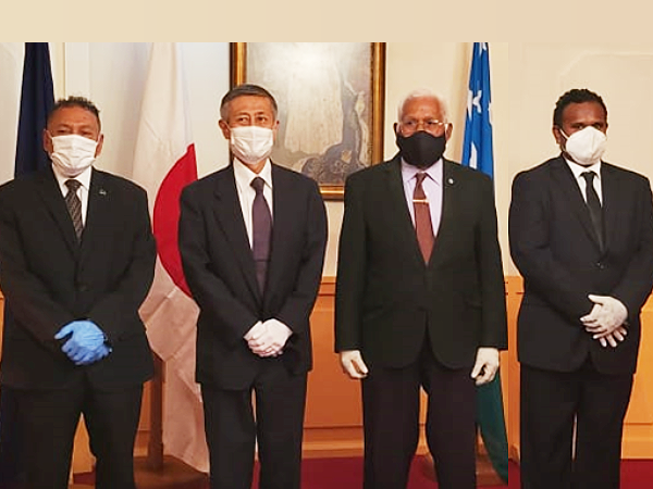 L-R Foreign Minister Supervising. Hon. Shanel, H.E Ambassador Miwa, Governor General, Sir David Vunagi and Supervising Permanent Secretary MFAET Cornelius Walegerea. Photo supplied.