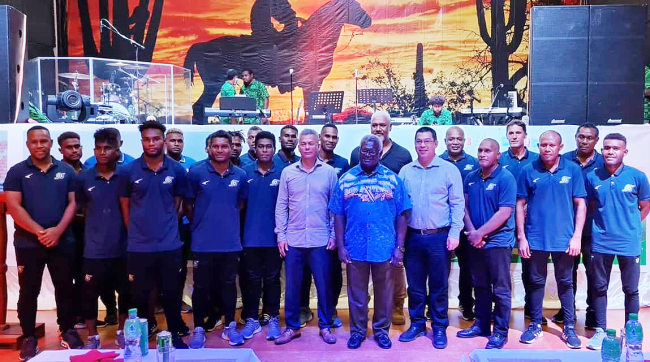 PM Sogavare, SIFF President William Lai, the Coach and Technical team, and members of the National team at last nights event at the Cowboys Grill. Photo: SIFF – Danzo.