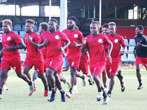 Solomon Warriors FC during their first training at Lawson Tama on Tuesday.
