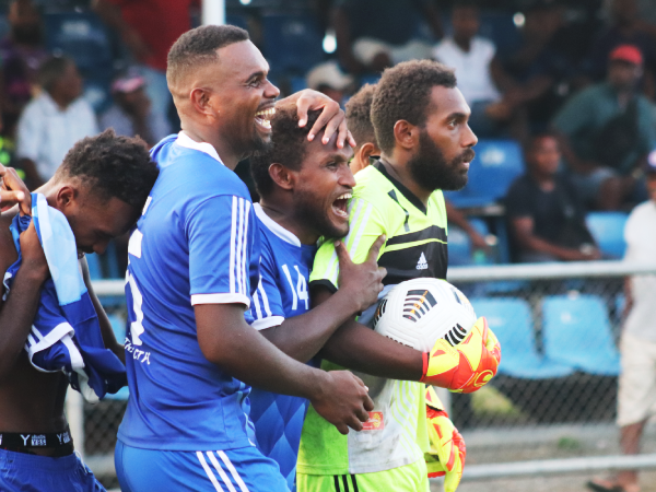 Central coast players celebrates with their goal keeper after Phillip Mango saved twice in the penalty shootout to book Central Coast a place in the OFC champions league.