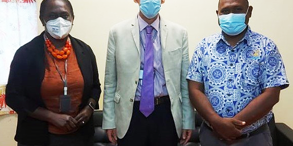 (L2R) Health Permanent Secretary Mrs. Pauline McNeil, newly appointed Acting WHO Representative to Solomon Islands, Dr Howard Sobel & Health Minister Hon. Dr. Culwick Togamana.