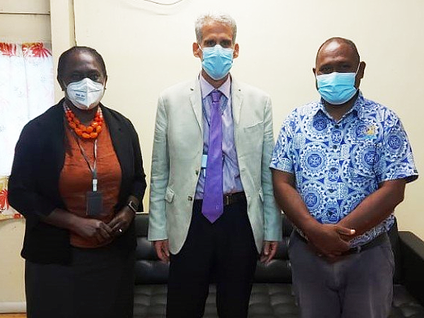 (L2R) Health Permanent Secretary Mrs. Pauline McNeil, newly appointed Acting WHO Representative to Solomon Islands, Dr Howard Sobel & Health Minister Hon. Dr. Culwick Togamana.