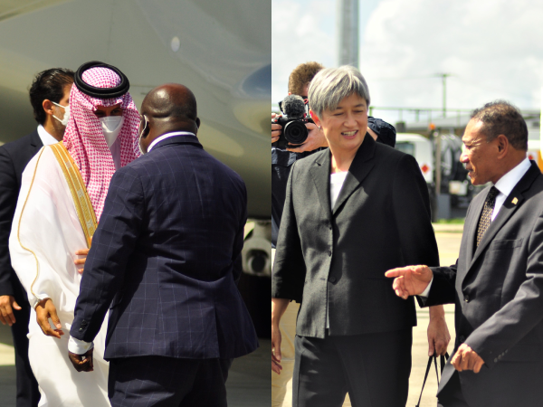 (L) The Finance Minister Harry Kuma welcomes Saudi Arabia’s Tourism Minister, Mr. Ageel Alkhateeb. (R) Acting Foreign Minister Peter Shanel Agovaka escorts Australia’s Foreign Minister to the terminal. (Photos, Lachlan Eddie)