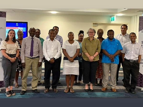 Delegates attending the 3rd ESSP Governance Committee meeting. Front row left to right: Olivia Benton-Guy (Second Secretary NZHC), Nego Sisiolo (PS MPS), Dr. Franco Rodie (PS MEHRD), Susan Sulu (PS MDPC), Sally-Anne Vincent (Acting Australian High Commissioner, AHC), Cornelius Walegerea (DS MFAET), Selwyn Tukana (DS Economic Acting MOFT). Backrow left to right: Berris Olitisa (Development Programme Coordinator, NZHC), Samuel Aruhu (Director Governance, MDPC), Metcalf Puia (Provincial Secretary, MPGIS), Christina Bakolo (Acting DS Corporate Services, MEHRD), Linda Wate (DS Teaching and Learning, MEHRD), Christopher Sakiri (DS Education Services, MEHRD).