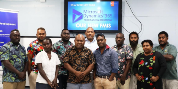 (Left-right front row) Deputy Director Rural Development Division (RDD) Danny Lehe, MRD Procurement Officer Ellen, MRD Financial Controller Timothy Paoka, Steve Nunumae and Suzanne Orudiana from the MoFT FMIS project.