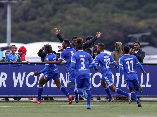 Central Coast FC players celebrate their second goal v Galaxy FC in the OFC Champions League 2022 group stages. Photo credit: OFC Media via Phototek.
