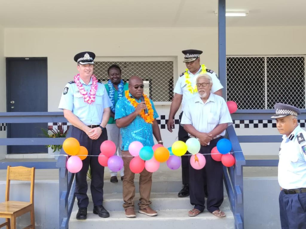 Police Minister, RAPPP Acting Commander, RSIPF Commissioner, Ministry of Police PS and an elder from Wagina community during the inspection and opening of the Wagina Police Station.