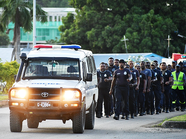 RSIPF officers leading that route march through Honiara starting at Ranadi on Saturday. Photo supplied.