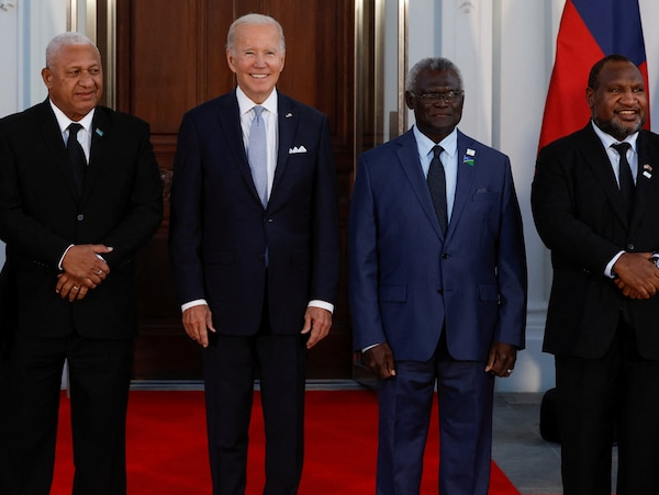 Fiji PM Frank Bainimara, US President Joe Biden, PM Manasseh Sogavare and the PNG PM, James Marape during the Pacific leaders meeting with the US President. (Photo: Reuters – Jonathan Ernst)