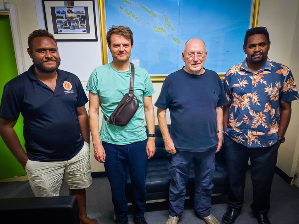 The two ESI IT experts with the Acting Chief Electoral Officer, Fred Bosoboe, far right, and an Electoral officer. Photo: SIEO.