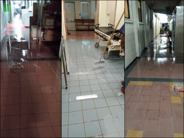 Flooding at the National Referral Hospital’s theatre and corridors, during last Fridays heavy downpour.