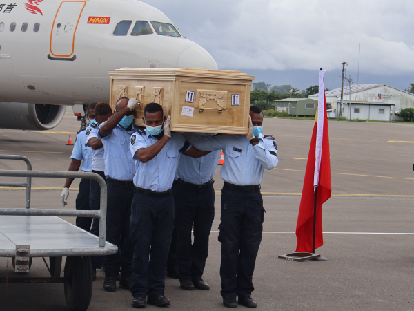Casket of the late Ambassador to PRC, H.E. John Mofat Fugui.
