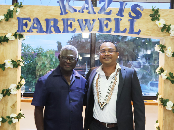 Prime Minister Manasseh Sogavare and SITCO Outgoing CEO Kazi Rahman. Photo supplied.