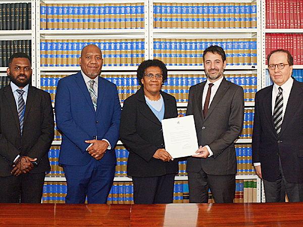H.E Mrs. Jane Waetara formally deposits the Comprehensive Nuclear Test Ban Treaty in a ceremony at the UN Headquarters to mark the ratification. Mr. David Nanopoulos, Chief of the UN Treaty Section officiated the ceremony witnessed by officials from the Solomon Islands Mission to the United Nation in New York and an official from the CTBTO.