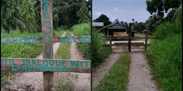 Landowners have set up this road block at the entrance of Su’u National Secondary school.