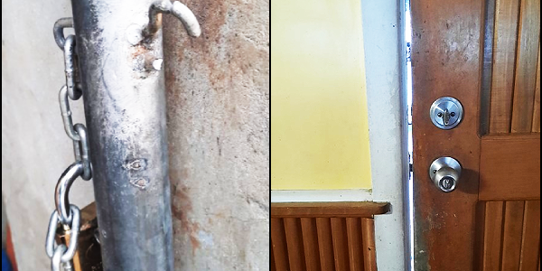 (Left) The state of the Tutua Family residential gate lock after the burglary incident yesterday morning. (Right) The back door through which the burglars entered the Tutua Family home. Photos supplied.