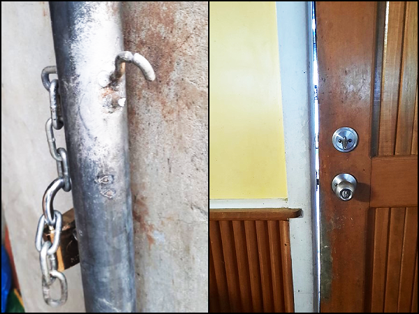 (Left) The state of the Tutua Family residential gate lock after the burglary incident yesterday morning. (Right) The back door through which the burglars entered the Tutua Family home. Photos supplied.
