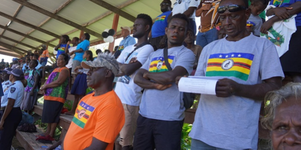 Lauruans singing the national anthem during the Choiseul Province Second Appointed Day celebration in Gizo, Western Province.