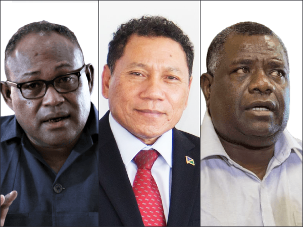 Manasseh Maelanga (L), Peter Shanel Agovaka (C) and Bradley Tovosia (R) have been accused of ignoring the plight of over 400 ex-police officers.