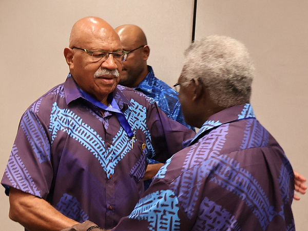 Prime Minister Sogavare greeted by his Fiji counterpart, Sitiveni Rabuka. Photo by PM’s Press Secretariat.