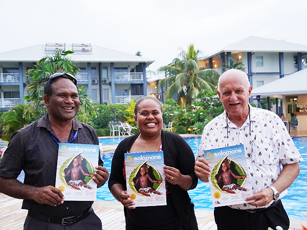 Solomon Airlines CEO, Gus Kraus and officials showing copies of the airlines first inflight magazine at the relaunch. Photo by Charles Kadamana.