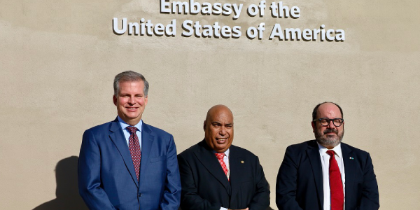 Director EAP/ANP, United States Department of State, Taylor Ruggles, Permanent Secretary of the Ministry of Foreign Affairs and External Trade, Colin Beck and Chargé d’Affaires ad interim of the United States Embassy Honiara, Russell Comeau at the soft launch of the Embassy of the United States in Honiara today.