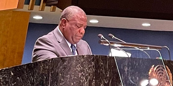Minister Bradley Tovosia speaking at the UN Headquarters in New Yor kon Friday 24 March. Photo supplied.