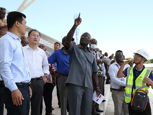 PM Sogavare and his delegation, joined by the Chinese Ambassador Li Ming at the Games stadium.