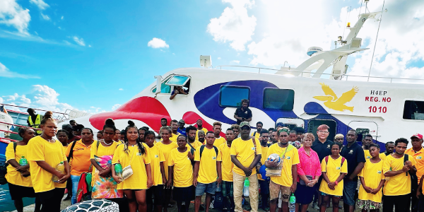 TEAM Isabel with the Premier Hon Rhoda Sikilabu, Pelican Shipping Limited Manager Mr Rex and supervisor Jimsom Gua at the Buala wharf.