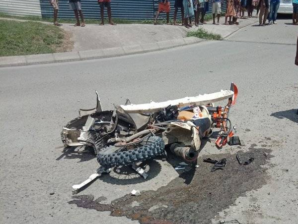 The motorbike was badly damaged after it hit a caldina vehicle during the tragic accident at the Kukum Highway on Sunday in Honiara.