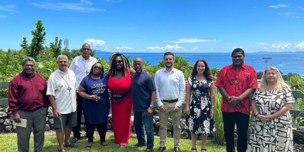 British High Commissioner Tom Coward, Natasha of the British Council (New Zealand and the Pacific) with members of SICA and SIFGA, Dean of Saint Barnabas Cathedral Rev. Wilfred Kekea and the members London Community Gospel choir at the British High Commission residence.