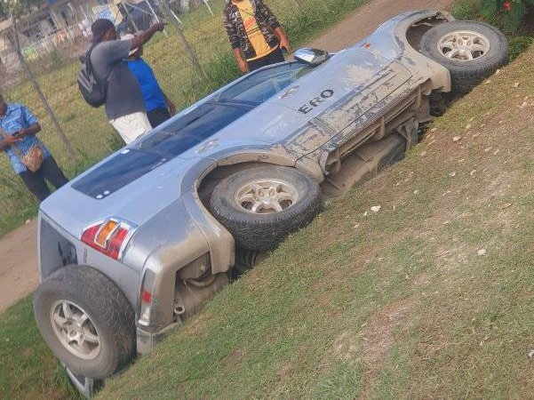 A prado vehicle that ran hit a post, and a tree before resting in the train at the Justice grounds, Town Ground. Photo, Rudy Baka.