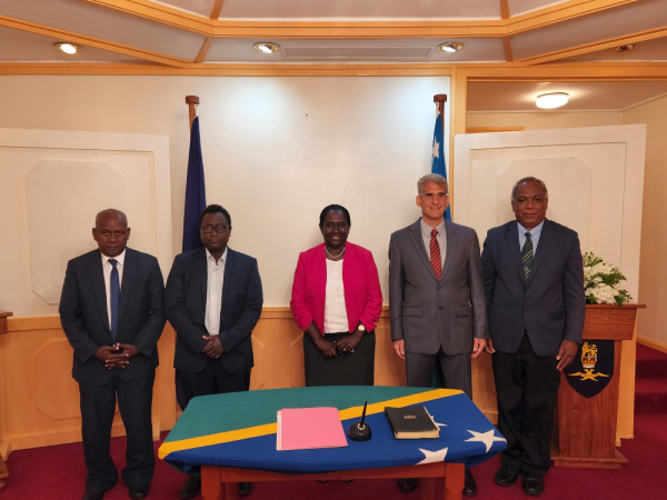 L-R – Mr. Ivan Ghemu, Director Planning and Policy MHMS, Deputy Secretary Health Care Dr Gregory Jilini, Reappointed PS Health, Mrs Pauline McNeil, WHO Country Representative to SI Dr Howard Sobel & Mr. George Pego, National Deputy Director of Nursing (NDDoN) after the sworn in ceremony.  Photo supplied.