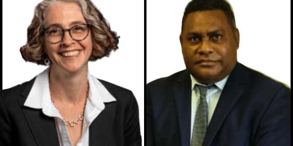 Vice President of the Department of Policy and Evaluation at MCC, Alicia Phillips (left) and the Minister for National Planning and Development Coordination (MNPDC), Rexon Ramofafia.