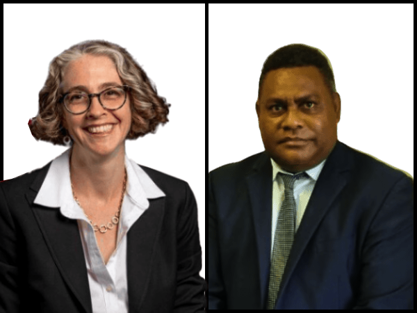 Vice President of the Department of Policy and Evaluation at MCC, Alicia Phillips (left) and the Minister for National Planning and Development Coordination (MNPDC), Rexon Ramofafia.