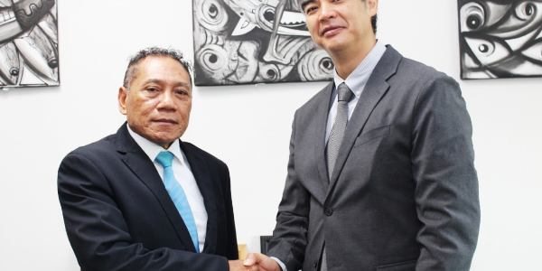 Ambassador of the European Union to the Solomon Islands, His Excellency Sujiro Seam with the Supervising Minister of Foreign Affairs and External Trade, Hon. Peter Shanel Agovaka. Photo supplied.