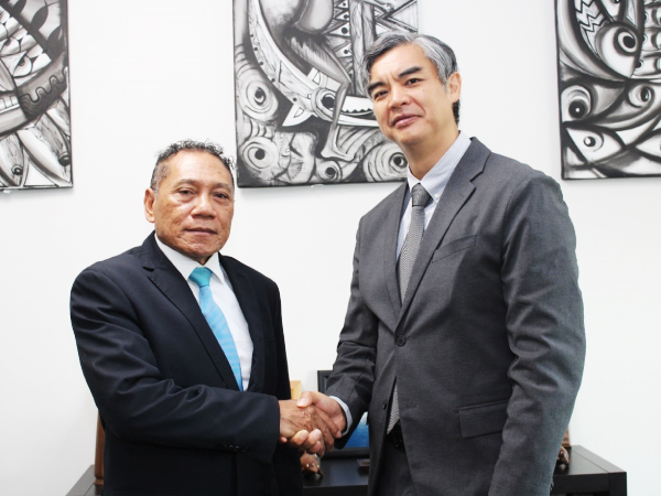 Ambassador of the European Union to the Solomon Islands, His Excellency Sujiro Seam with the Supervising Minister of Foreign Affairs and External Trade, Hon. Peter Shanel Agovaka. Photo supplied.