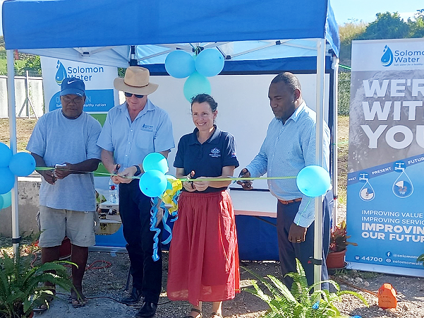 Cutting the ribbon to mark the completion of the Panatina Borehole Project on Thursday 15 June, from left to right, Managing Director of Pacific Strata Drilling and Water Engineering Services Michael Rahe, SW CEO Ian Gooden, DFAT First Secretary for Infrastructure Rebecca Lane, and SW Board Chairman Donald Marahare.